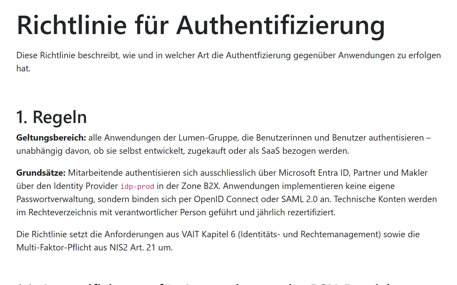 Ausschnitt aus der swark-Demo: Richtlinie für Authentifizierung mit Bezug auf VAIT und NIS2 Art. 21